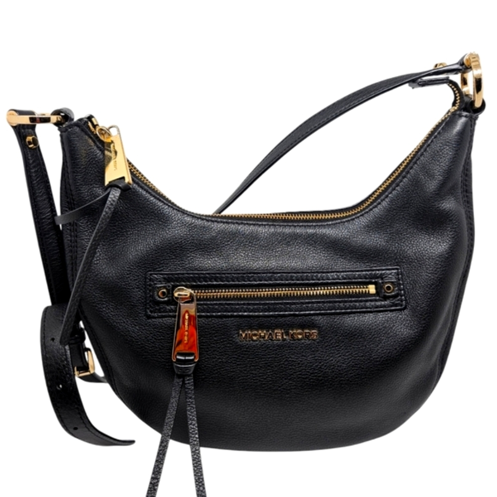 Michael Kors Black Rhea Crossbody Hipster Messenger Brass Black Genuine Leather - Picture 2 of 9